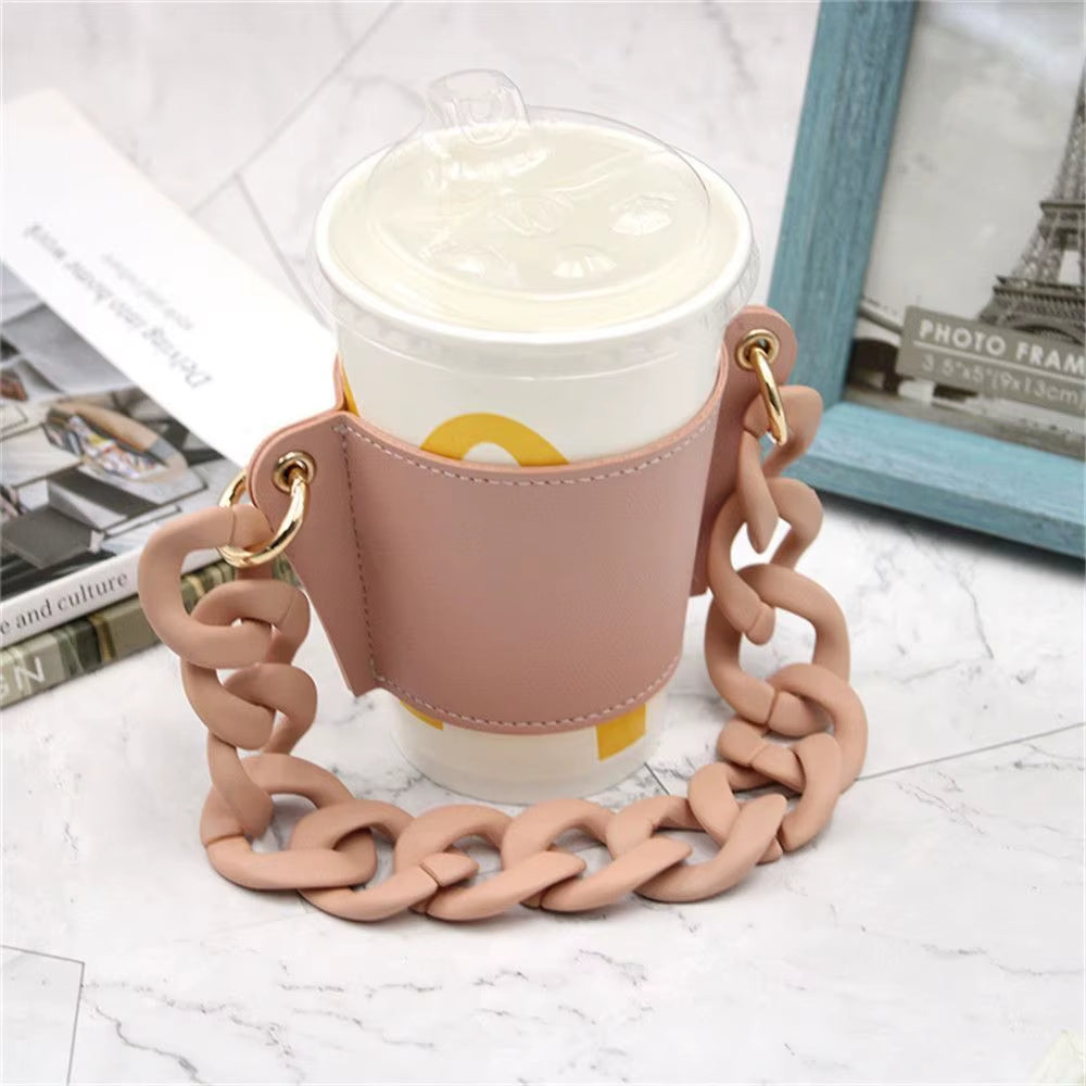 Reusable with Chain Travel Eco-Friendly Drink Case Bag Coffee Sleeve Bottle Cover PU Leather Cup Holder