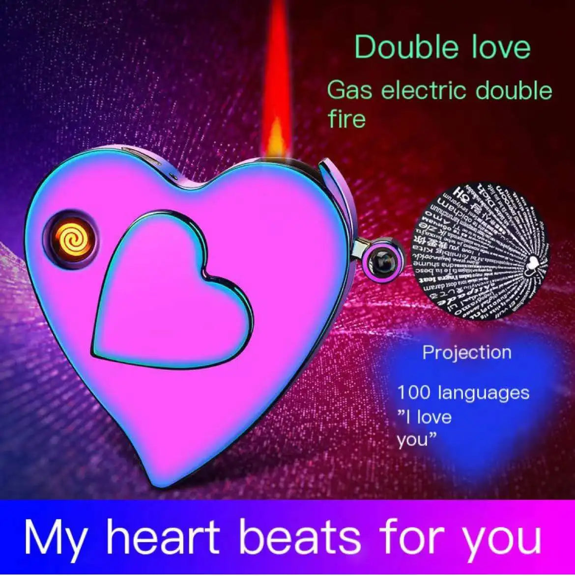 Loving Heart Gas and Electric Dual-Use Lighter Red Flame Micro-Engraving Projection Metal USB Lighter for Boyfriend 520 Gift