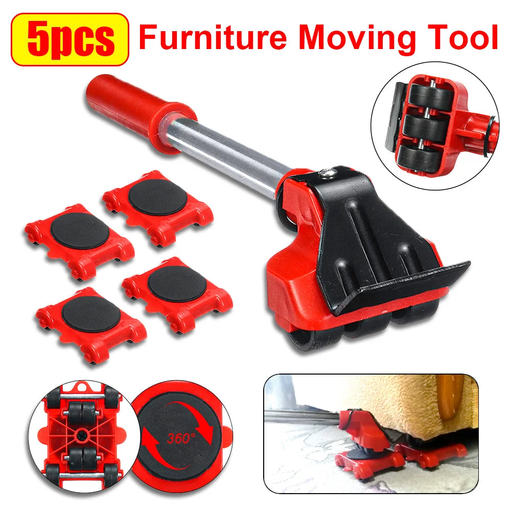 5Pcs/Set Heavy Duty Furniture Lifter Mover Roller with Wheel Bar Moving Device Lifting Helper Furniture Moving Transport Tool