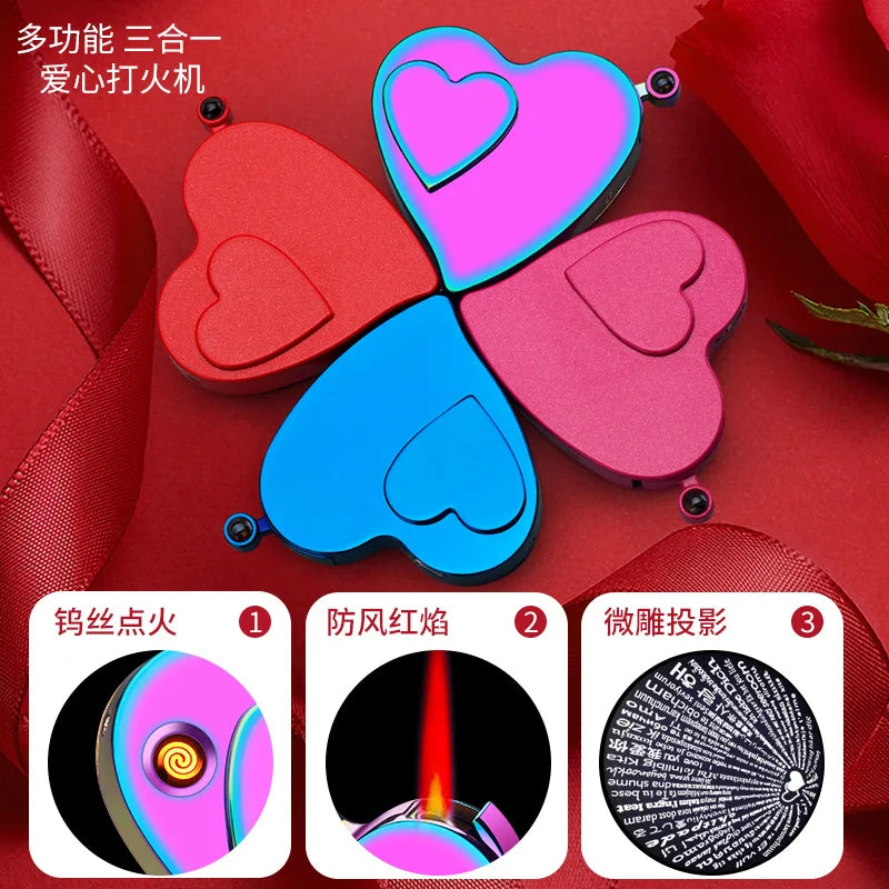 Loving Heart Gas and Electric Dual-Use Lighter Red Flame Micro-Engraving Projection Metal USB Lighter for Boyfriend 520 Gift