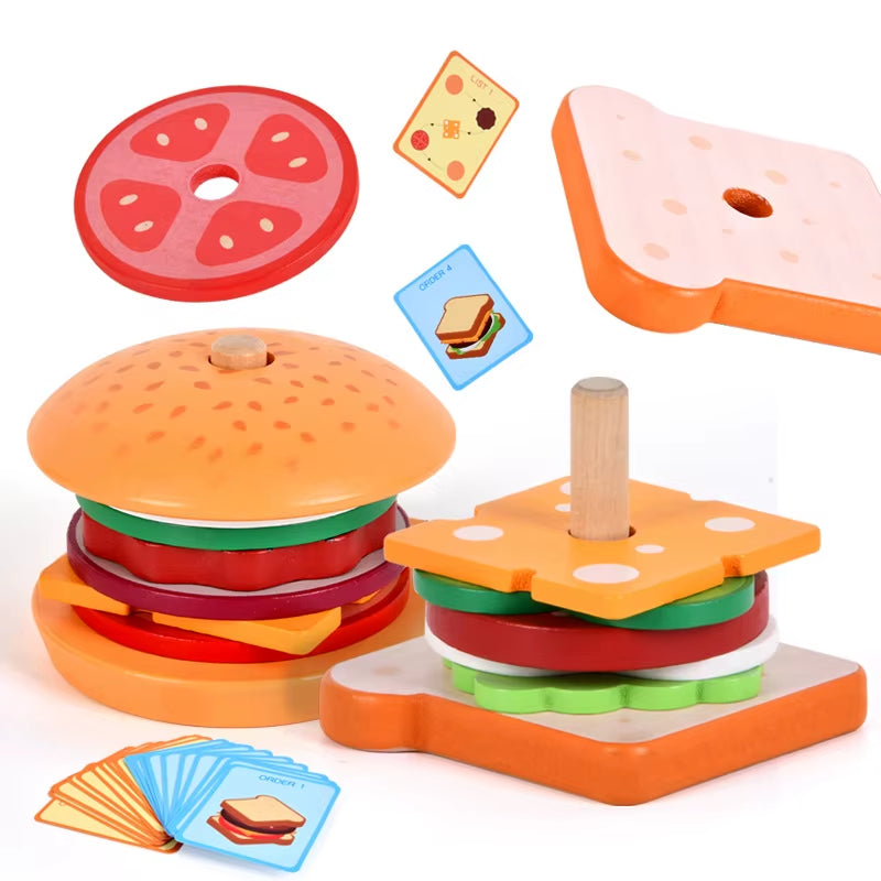 Montessori Toy for Kids,Wooden Hamburger Sandwich French Fries Sorting Stacking Toys, Preschool Learning Pretend Play Food Toy