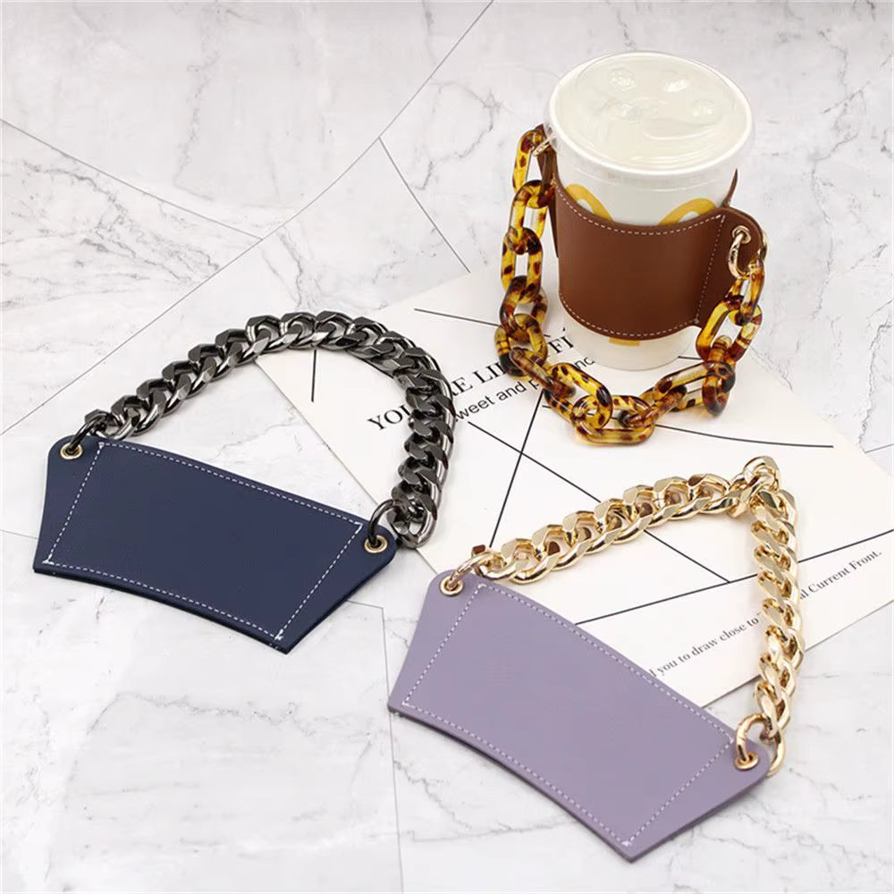 Reusable with Chain Travel Eco-Friendly Drink Case Bag Coffee Sleeve Bottle Cover PU Leather Cup Holder