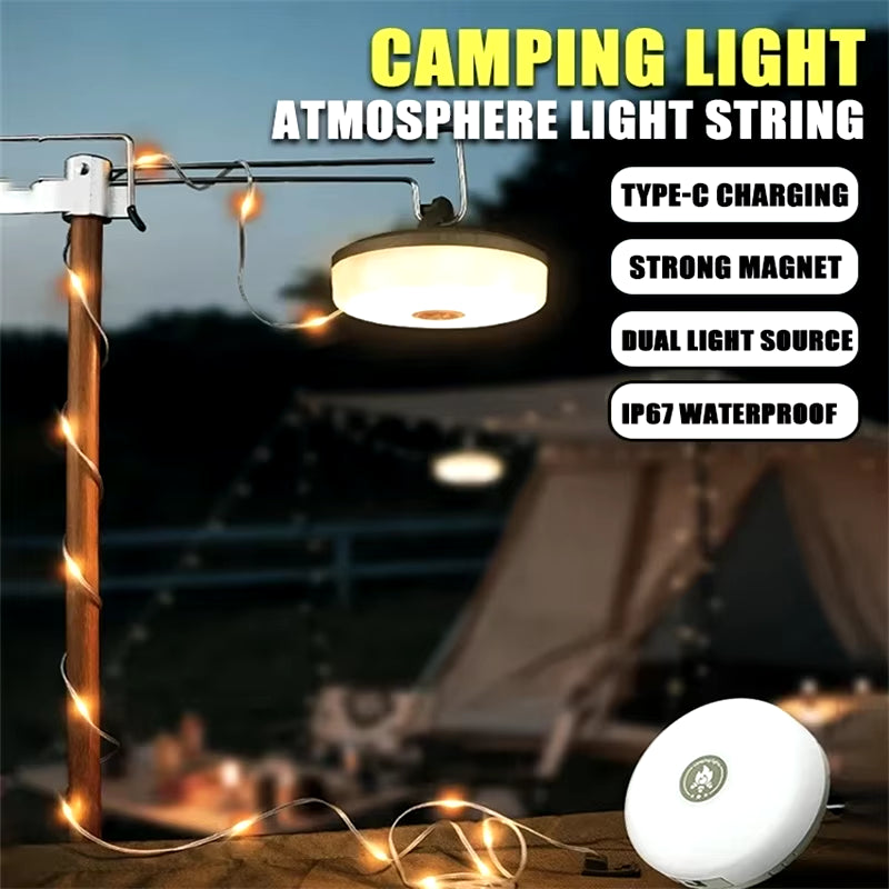 Solar Lights Outdoor Camping Light 10Meter String Light Outdoor Tent Light RGB Atmosphere Light LED Flashlight with Hook ﻿