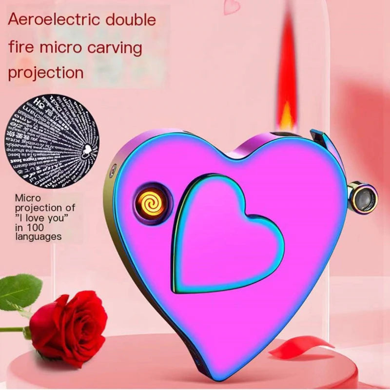 Loving Heart Gas and Electric Dual-Use Lighter Red Flame Micro-Engraving Projection Metal USB Lighter for Boyfriend 520 Gift