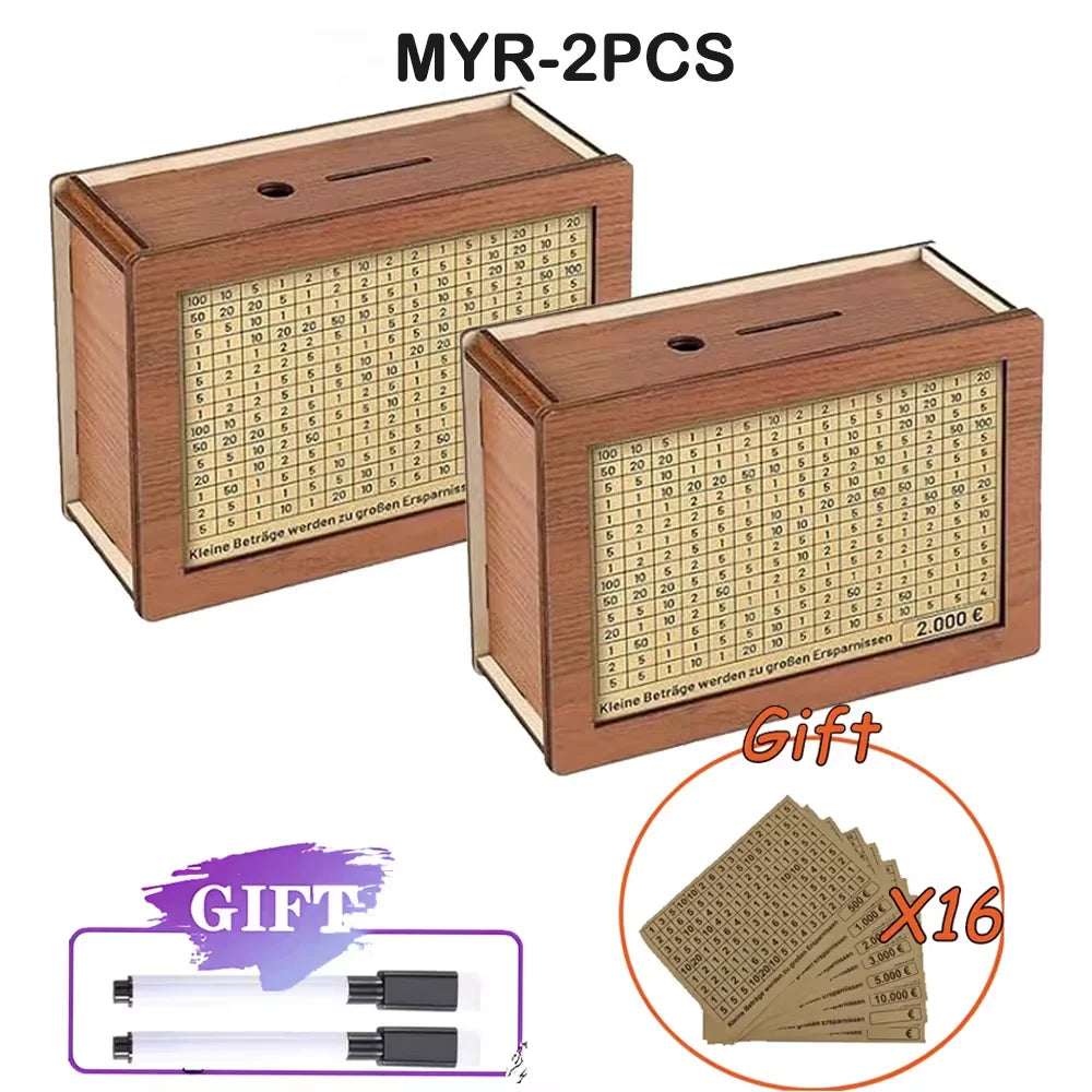 New Wooden Piggy Bank Reusable Handmade Money Box,Piggy Bank with Saving Goal and Numbers to Check for Helps the Habit of Saving