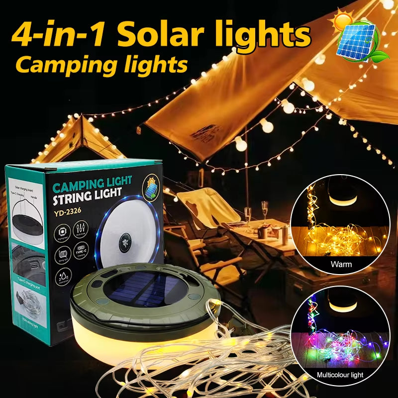 Solar Lights Outdoor Camping Light 10Meter String Light Outdoor Tent Light RGB Atmosphere Light LED Flashlight with Hook ﻿