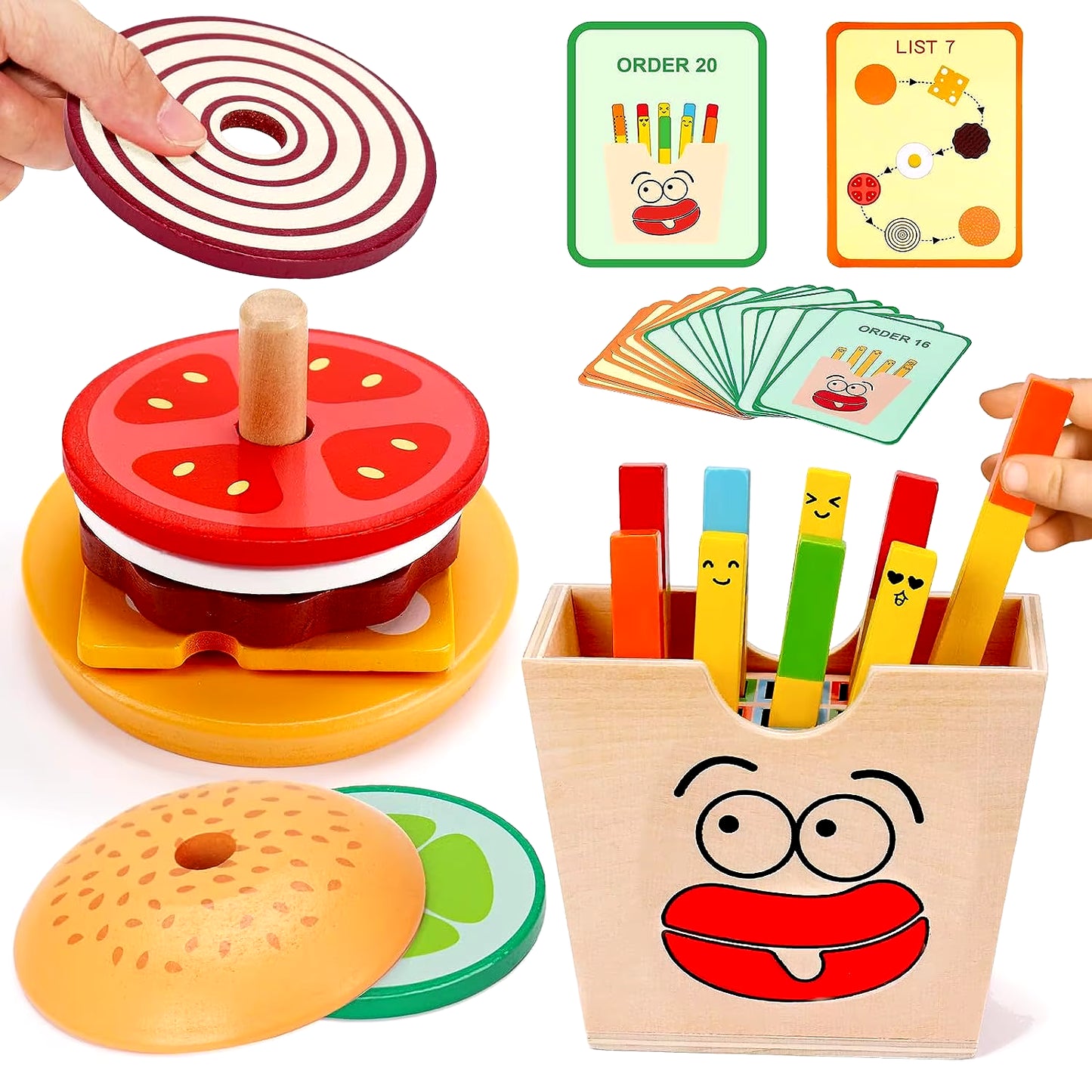 Montessori Toy for Kids,Wooden Hamburger Sandwich French Fries Sorting Stacking Toys, Preschool Learning Pretend Play Food Toy