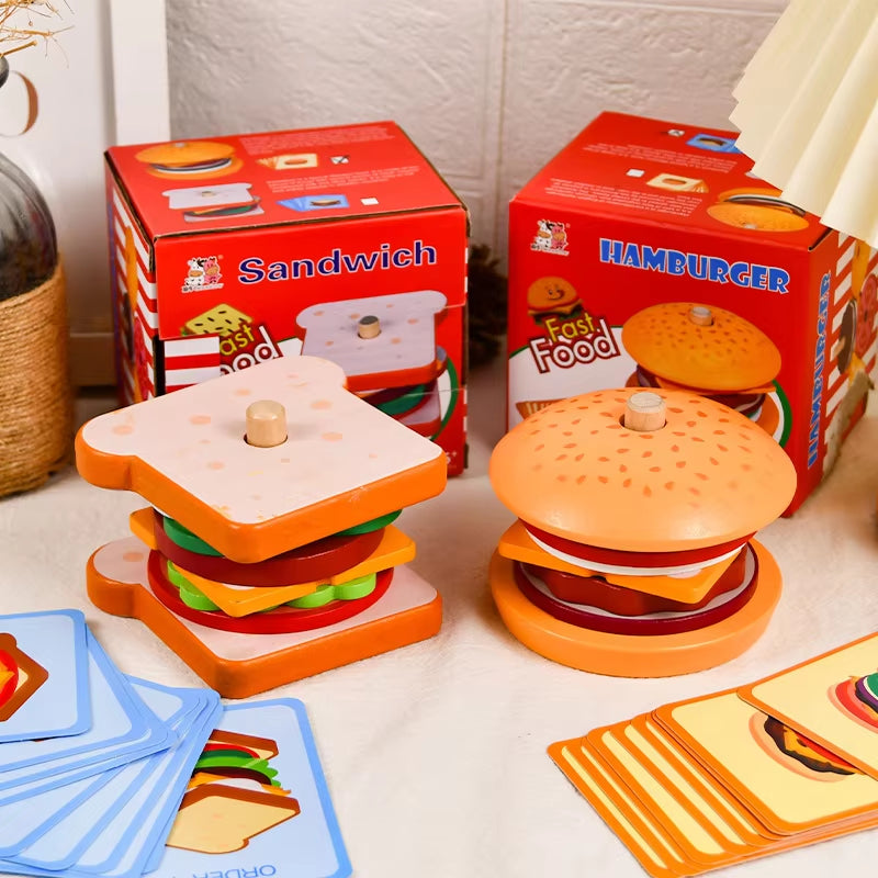 Montessori Toy for Kids,Wooden Hamburger Sandwich French Fries Sorting Stacking Toys, Preschool Learning Pretend Play Food Toy